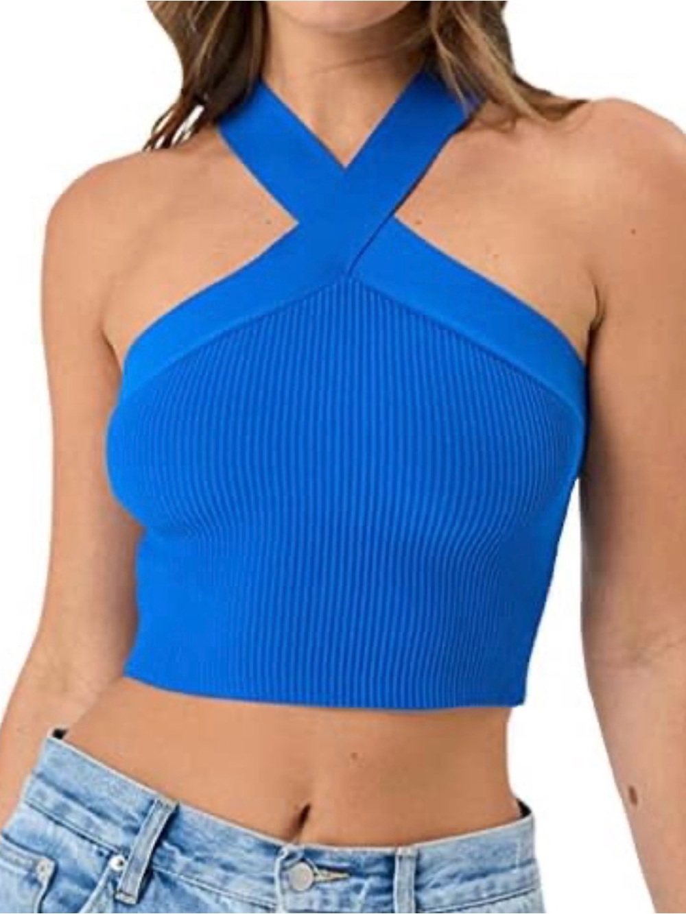 New Aritzia Babaton Sculpt Knit Blue Crisscross Ribbed Halter Crop Top - Women